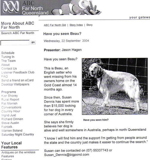 Radio ABC, Far North Queensland, Cairns, Finding Beau, Stolen Dog