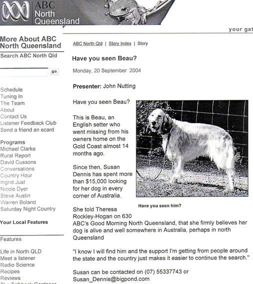 Radio ABC, North Queensland, Townsville, Finding Beau, Stolen Dog