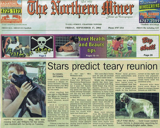 The Northern Miner, Charters Towers, front page feature, Finding Beau, Stolen Dog
